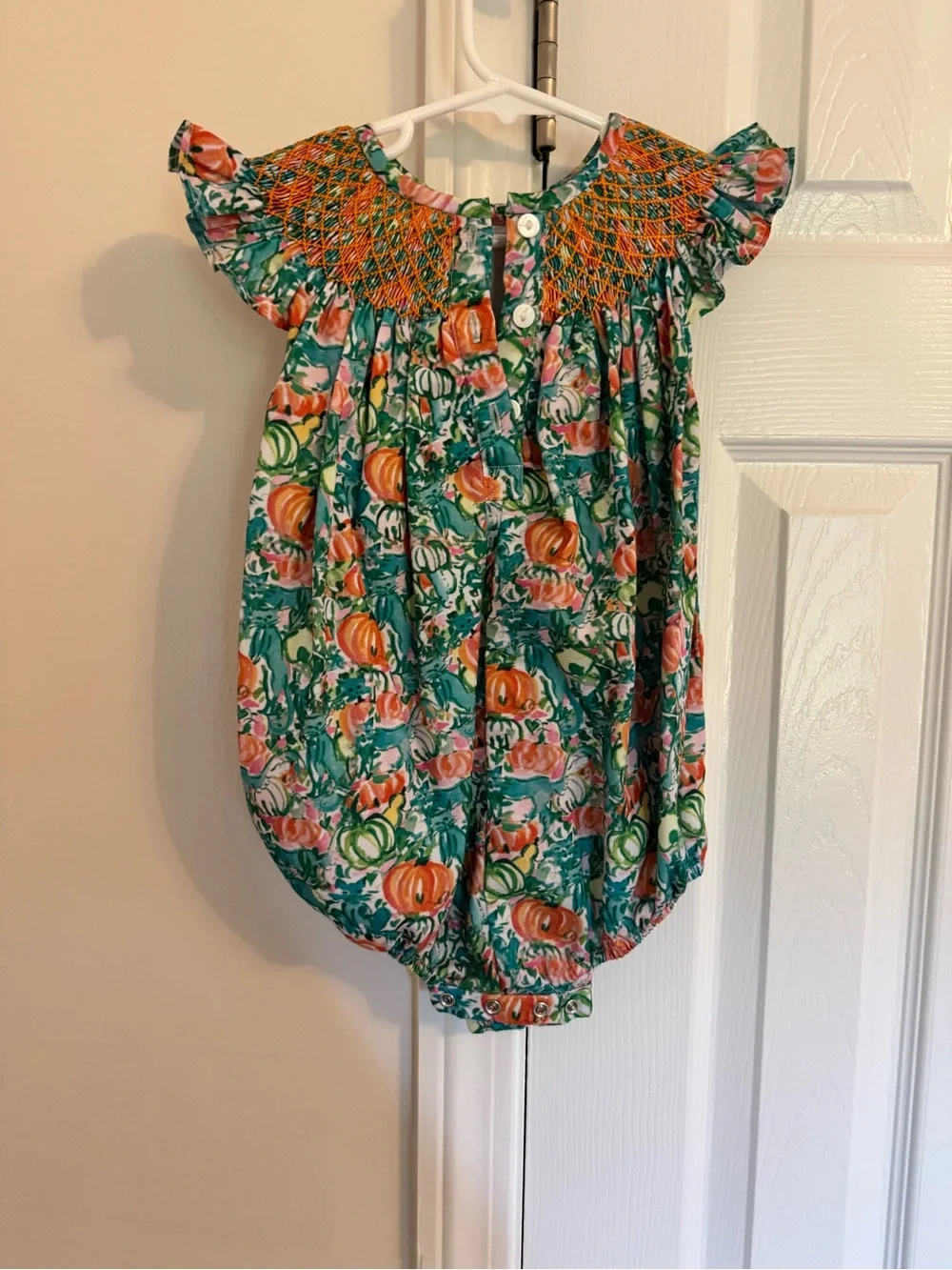 Fall Floral Green & Orange Pumpkin Smocked Baby One-Piece